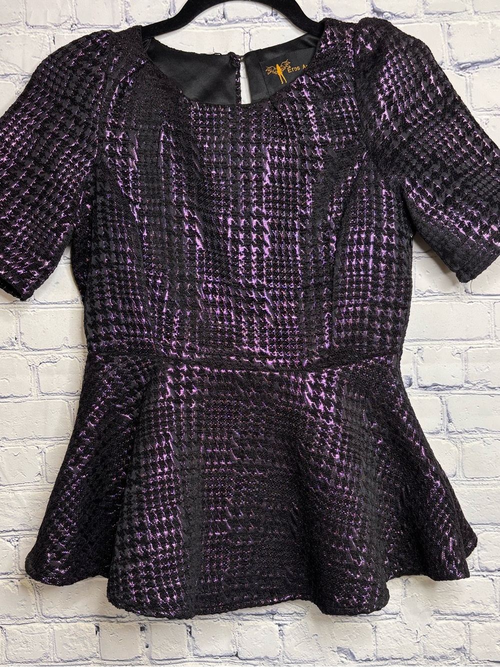 Eros AppareL New York Black Purple Metallic Plaid Retro Peplum Y2K Twee Top S